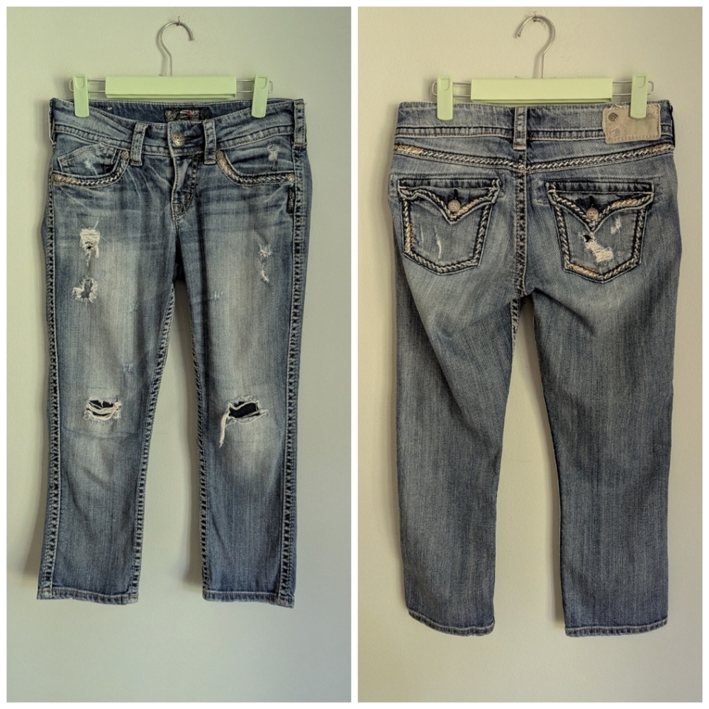 Y2K Silver Tuesday Low Capri Jeans Womens 26/4 Blue Flap Pocket Distressed 208